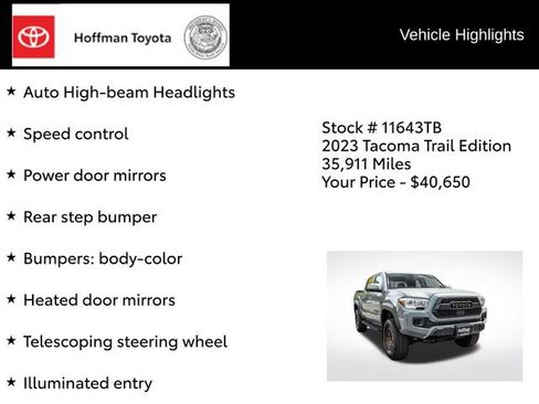 Certified 2023 Toyota Tacoma 4x4 Double Cab w/ Trail Edition image 16