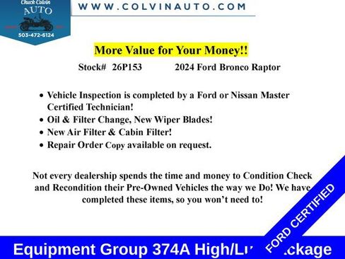 Certified 2024 Ford Bronco Raptor w/ Interior Carbon Fiber Pack 6 AWD/4WD image 2