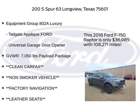 Used 2018 Ford F150 Raptor w/ Equipment Group 802A Luxury image 21