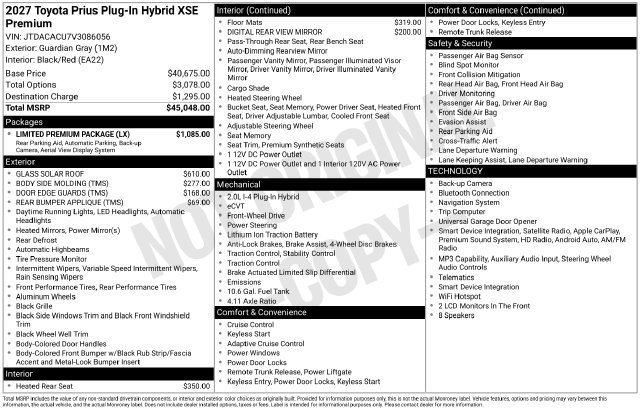 New 2027 Toyota Prius Plug-In Hybrid w/ Limited Premium Package FWD image 6