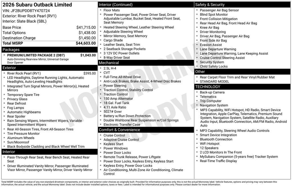 Used 2026 Subaru Outback Limited w/ Premium/Limited Package 2 AWD/4WD image 5