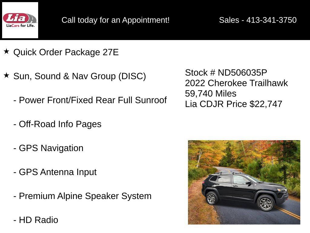 Used 2022 Jeep Cherokee Trailhawk w/ Sun, Sound & Nav Group AWD/4WD image 6