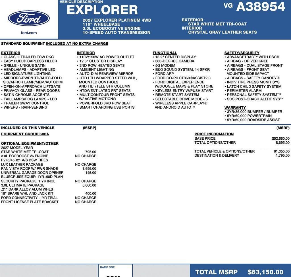 New 2027 Ford Explorer Platinum w/ 3.0L Ultimate Package AWD/4WD image 2