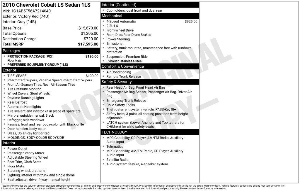 Used 2010 Chevrolet Cobalt LS w/ Protection Package FWD image 2