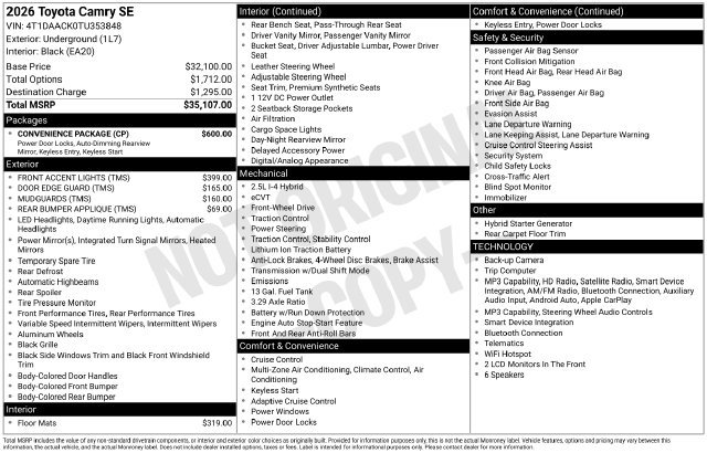 New 2026 Toyota Camry SE w/ Convenience Package FWD image 6