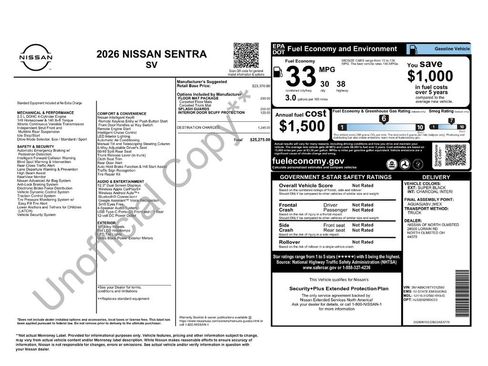 New 2026 Nissan Sentra SV w/ Floor Mat Package FWD image 2