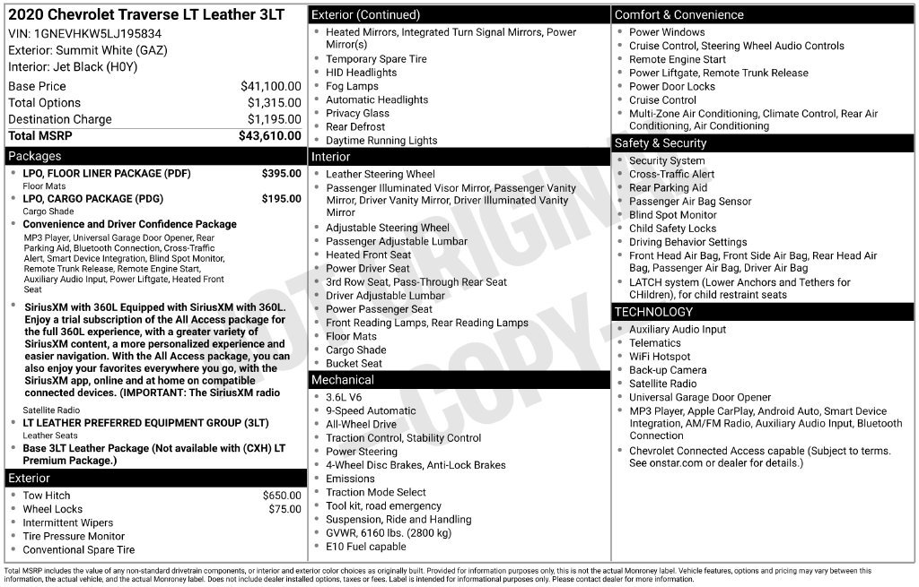 Used 2020 Chevrolet Traverse LT w/ LPO, Floor Liner Package AWD/4WD image 4