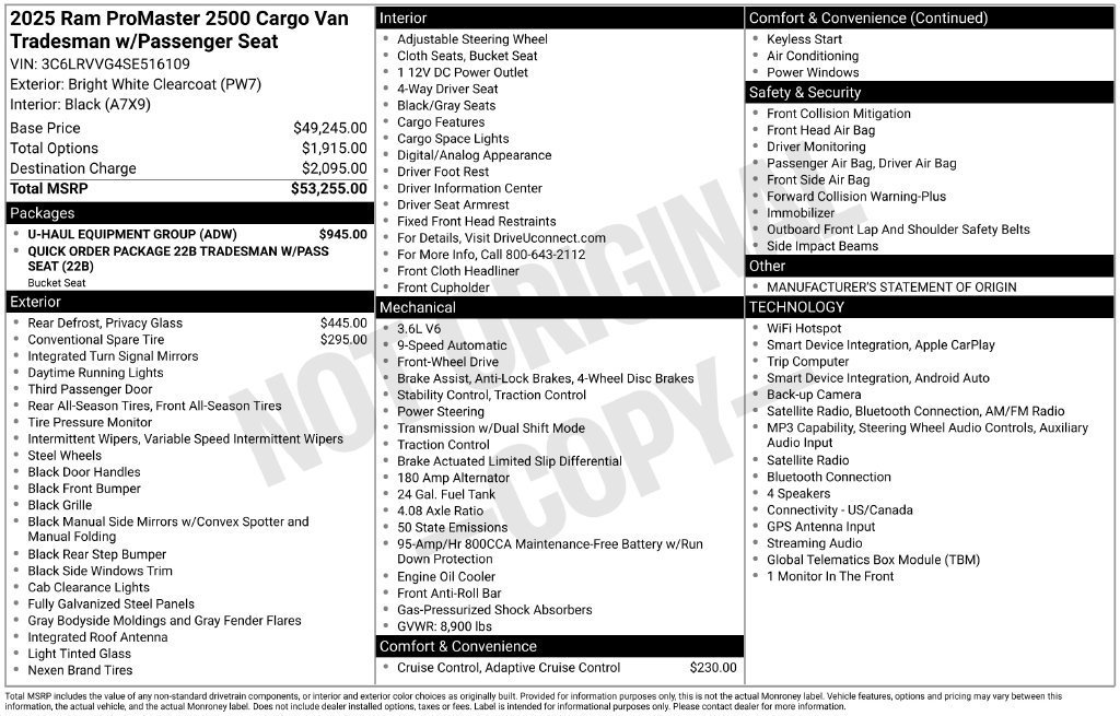 Used 2025 RAM ProMaster 2500 w/ U-Haul Equipment Group FWD image 8