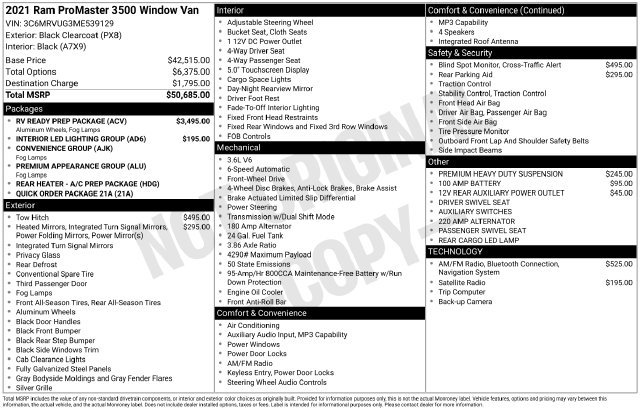 Used 2021 RAM ProMaster 3500 w/ RV Ready Prep Package FWD image 7