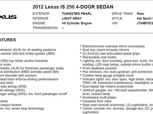 Used 2012 Lexus IS 250 w/ Premium Pkg Value Edition RWD image 17