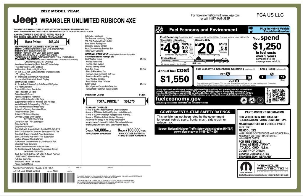 Certified 2022 Jeep Wrangler Unlimited Rubicon 4xe w/ Dual Top Group AWD/4WD image 7