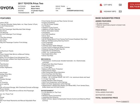 Used 2017 Toyota Prius Two FWD image 2