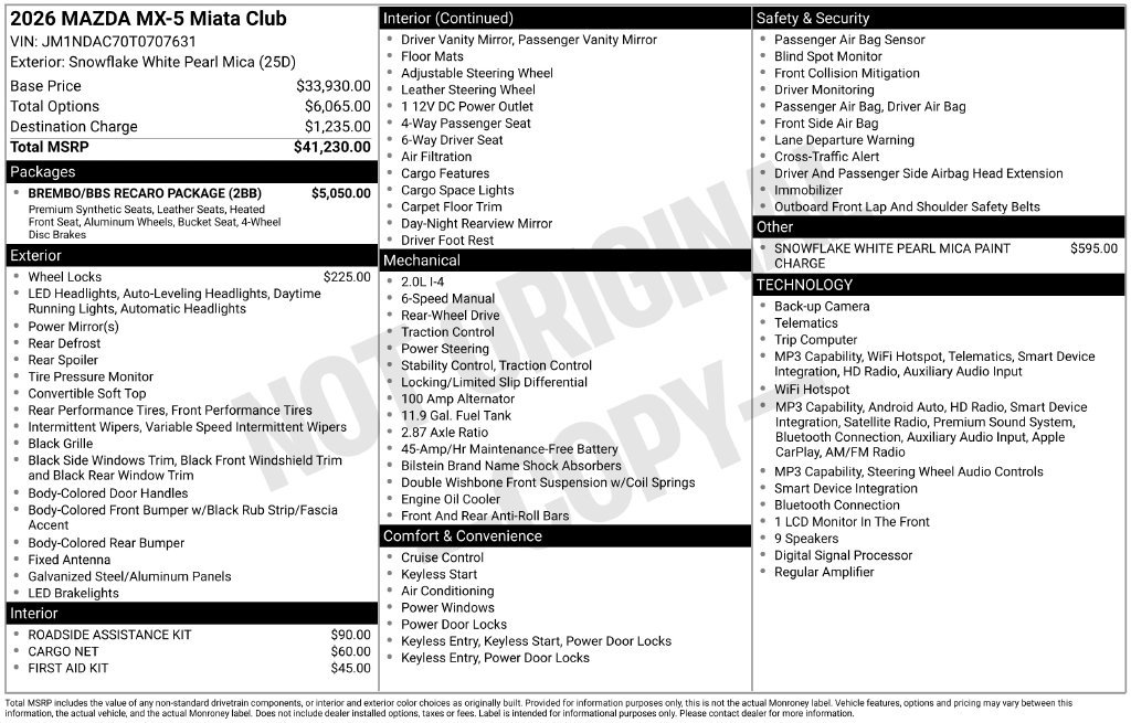 New 2026 MAZDA MX-5 Miata Club w/ Brembo/BBS/Recaro Package RWD image 3