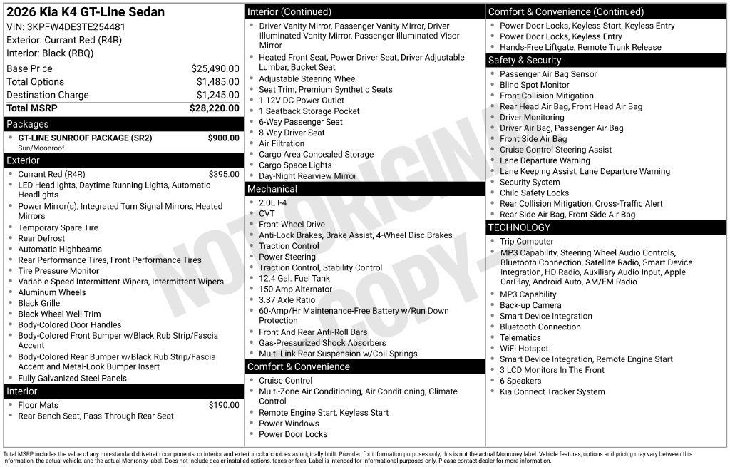 Certified 2026 Kia K4 GT-Line Turbo w/ GT-Line Sunroof Package FWD image 7
