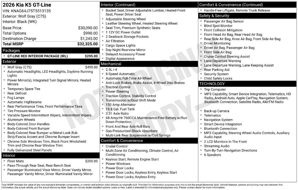 New 2026 Kia K5 GT-Line w/ GT-Line Red Interior Package AWD/4WD image 6