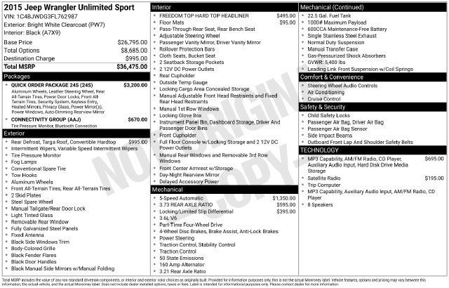 Used 2015 Jeep Wrangler Unlimited Sport w/ Quick Order Package 24S AWD/4WD image 17