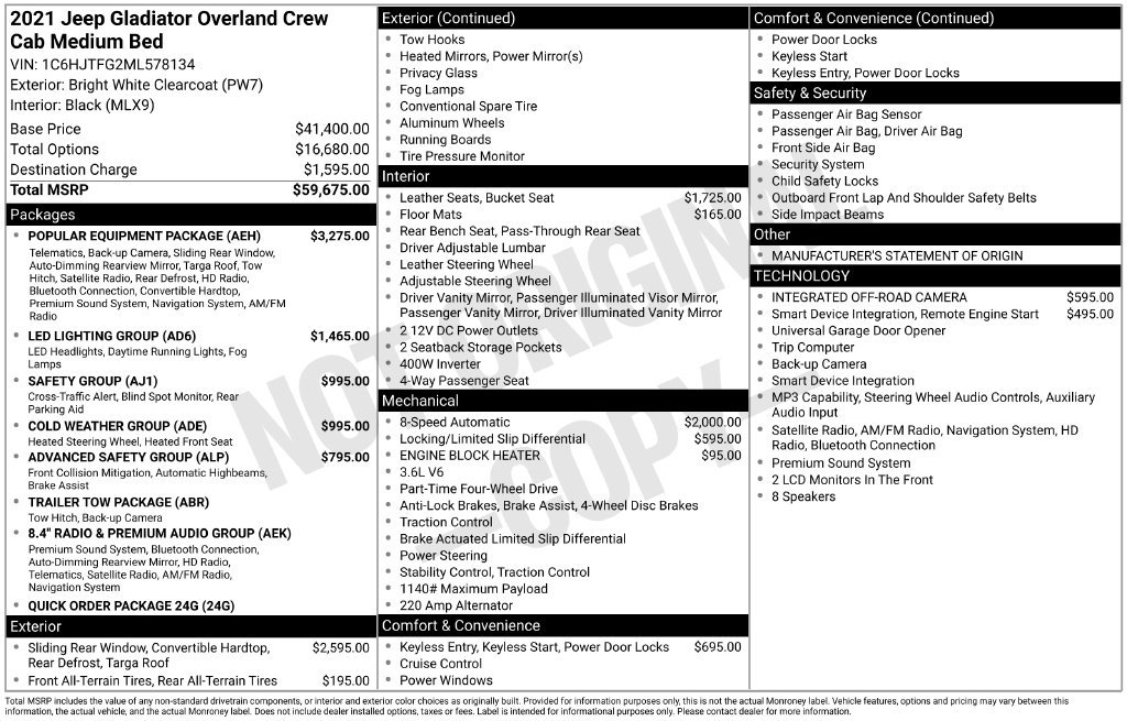 Used 2021 Jeep Gladiator Overland w/ Popular Equipment Package AWD/4WD image 2