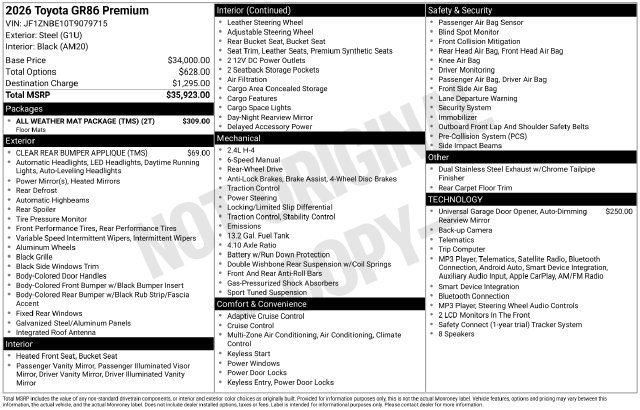 Certified 2026 Toyota GR86 Premium w/ ALL Weather Mat Package (TMS) RWD image 3