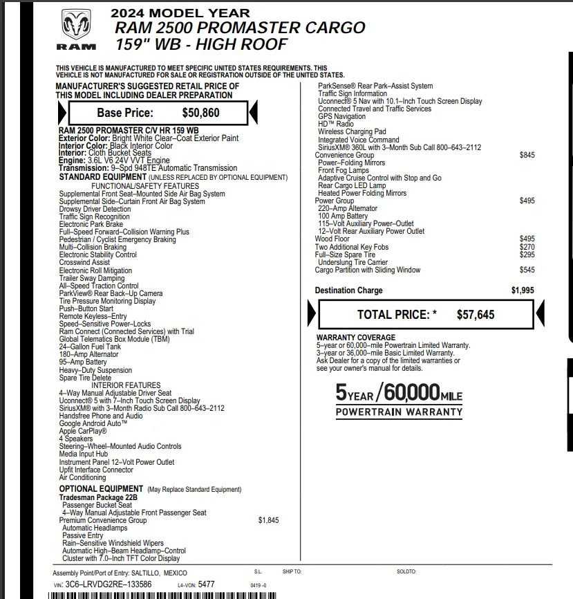 Used 2024 RAM ProMaster 2500 159 High Roof w/ Premium Convenience Group FWD image 2