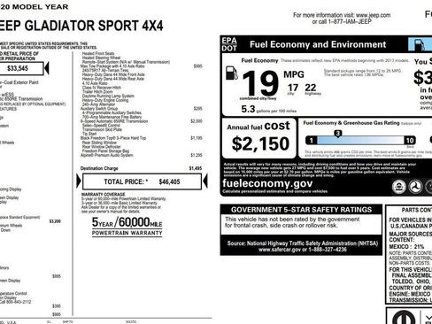 Used 2020 Jeep Gladiator Sport w/ Quick Order Package 24S AWD/4WD image 8