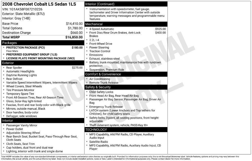 Used 2008 Chevrolet Cobalt LS w/ Protection Package FWD image 5