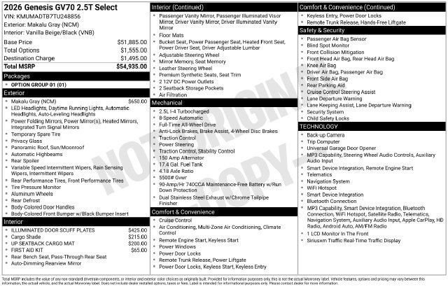 Certified 2026 Genesis GV70 2.5T Select AWD/4WD image 2