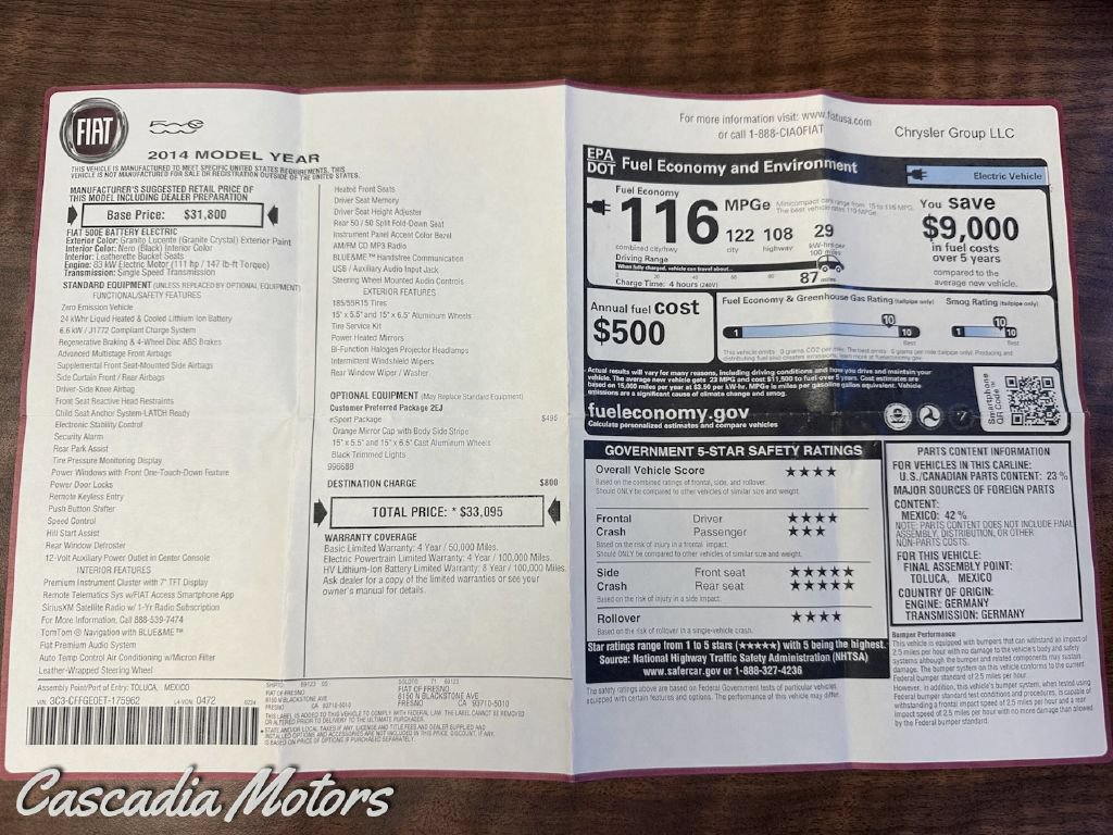 Used 2014 FIAT 500 e w/ Esport Package FWD image 2