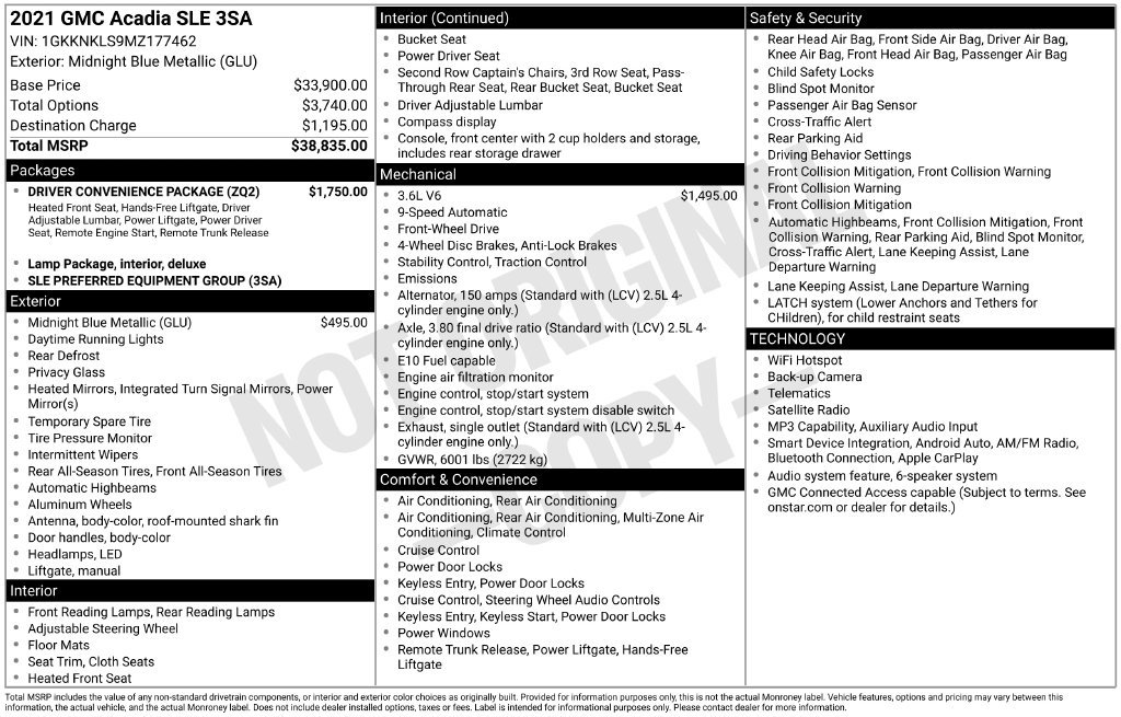 Used 2021 GMC Acadia SLE w/ Driver Convenience Package FWD image 2