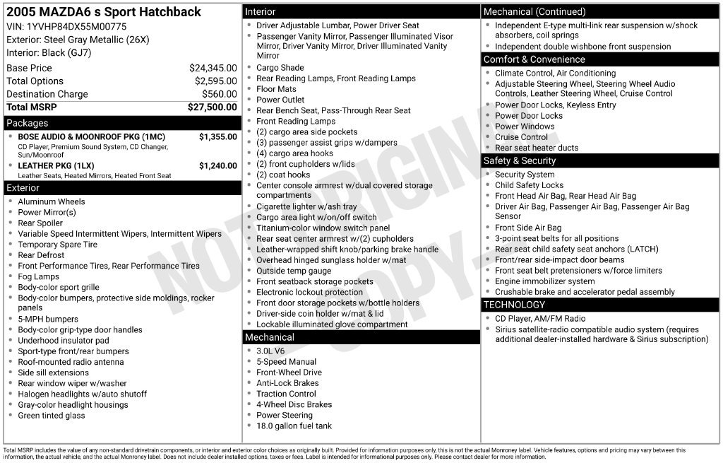Used 2005 MAZDA MAZDA6 s Sport w/ Bose Audio & Moonroof Pkg FWD image 13