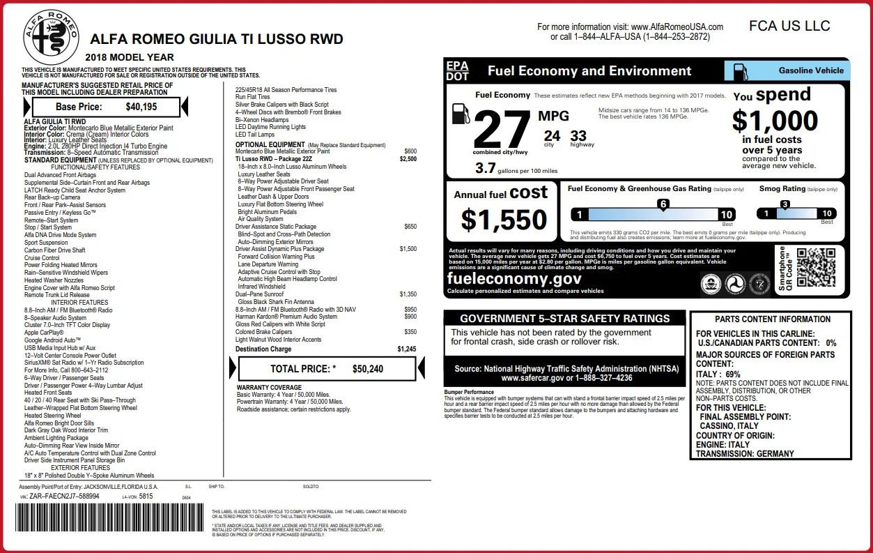 Used 2018 Alfa Romeo Giulia Ti w/ Quick Order Package 22Z Lusso RWD image 45