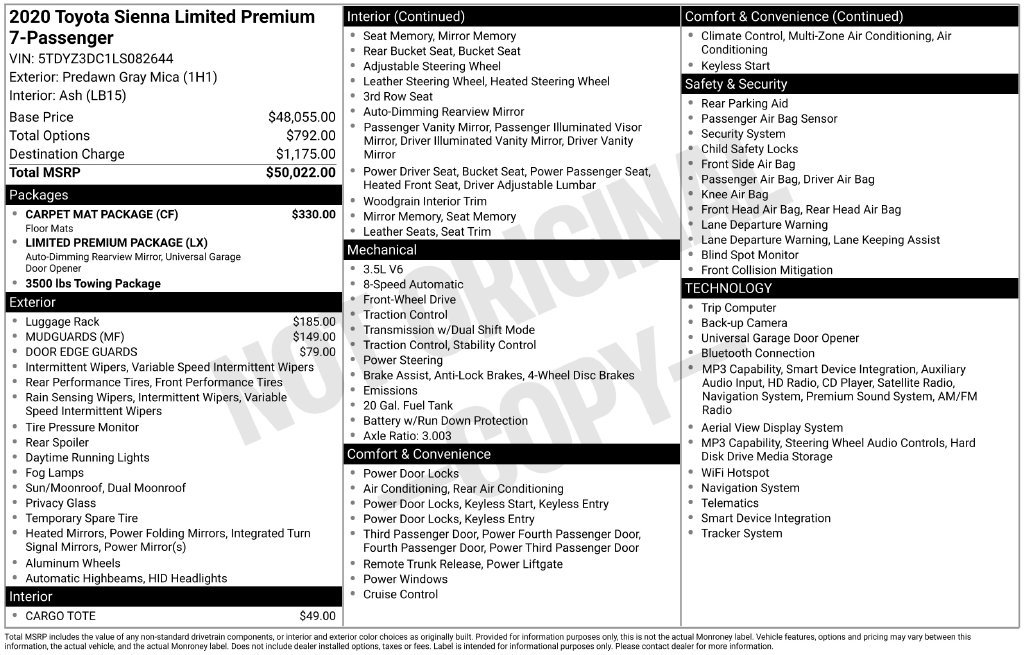 Used 2020 Toyota Sienna Limited Premium w/ Carpet Mat Package FWD image 34