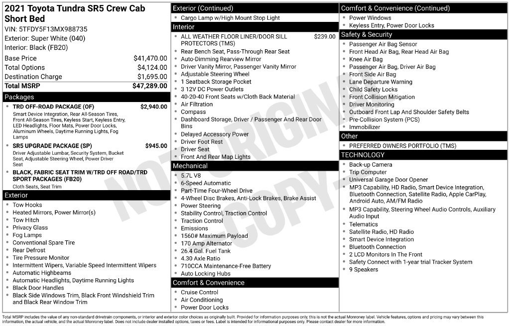 Used 2021 Toyota Tundra SR5 w/ TRD Off-Road Package AWD/4WD image 13