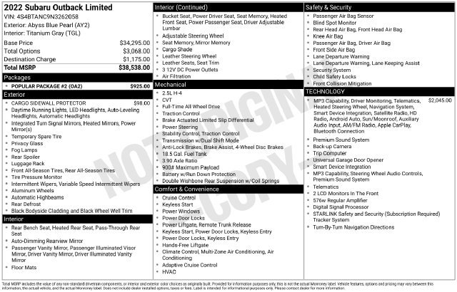 Certified 2022 Subaru Outback Limited w/ Popular Package #2 AWD/4WD image 38
