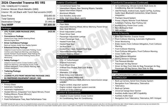 Certified 2026 Chevrolet Traverse RS w/ LPO, Floor Liner Package FWD image 37