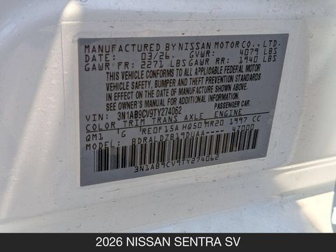 New 2026 Nissan Sentra SV w/ Floor Mat Package FWD image 24