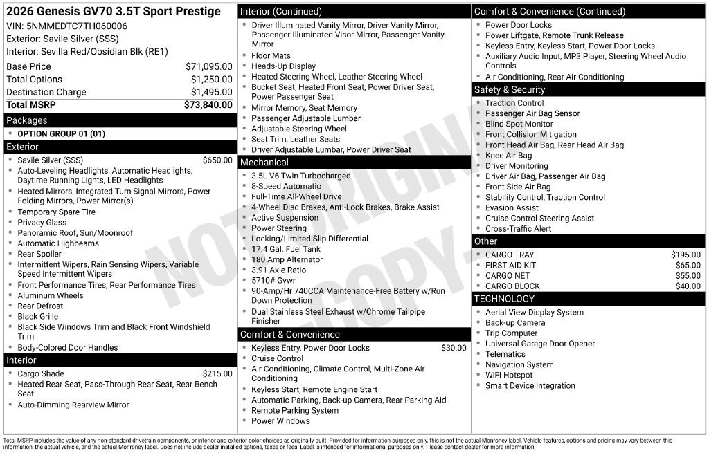 New 2026 Genesis GV70 3.5T Sport Prestige AWD/4WD image 2