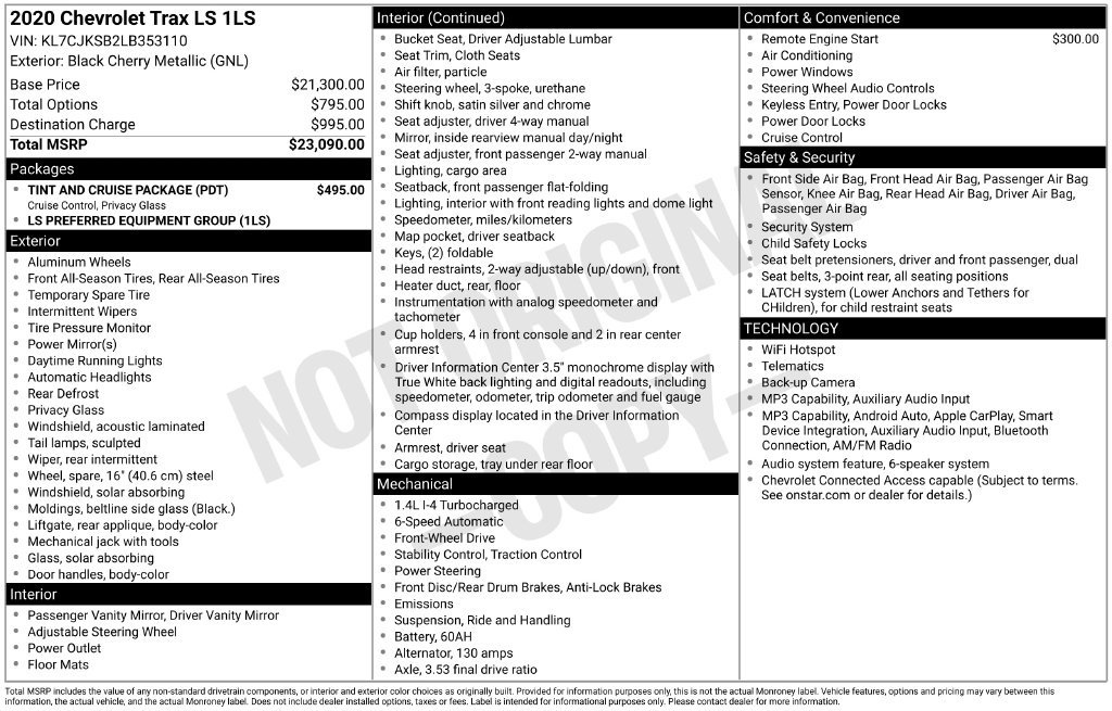 Used 2020 Chevrolet Trax LS w/ Tint and Cruise Package FWD image 2