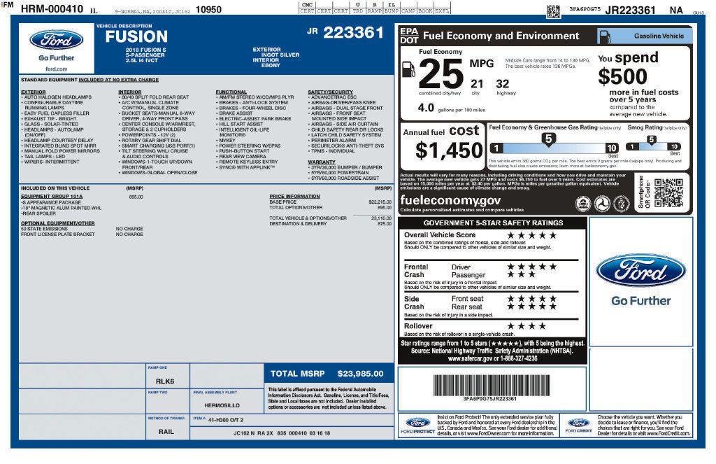 Used 2018 Ford Fusion S w/ Equipment Group 101A FWD image 29