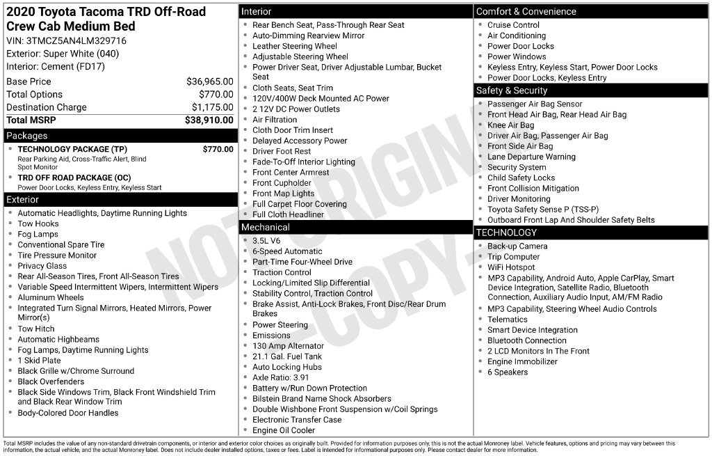Used 2020 Toyota Tacoma TRD Off-Road w/ Technology Package AWD/4WD image 7