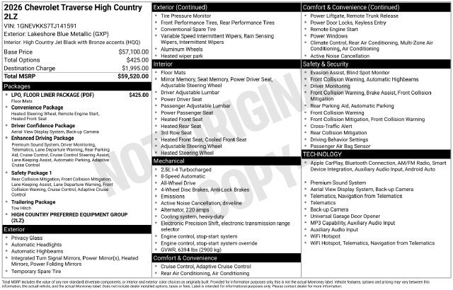 Certified 2026 Chevrolet Traverse High Country w/ LPO, Floor Liner Package AWD/4WD image 27