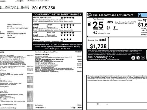 Used 2016 Lexus ES 350 w/ Premium Package w/Wood Trim FWD image 2