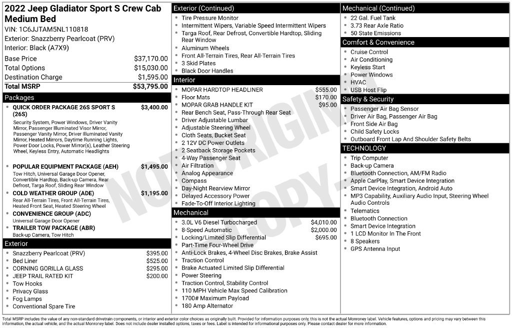 Used 2022 Jeep Gladiator Sport AWD/4WD image 1