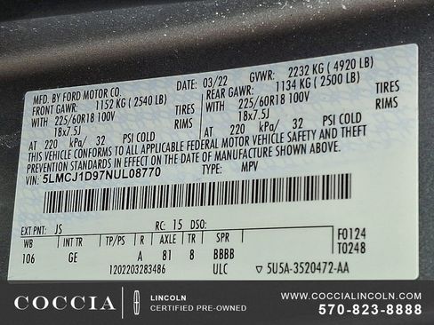 Certified 2022 Lincoln Corsair AWD w/ Equipment Group 101A image 27