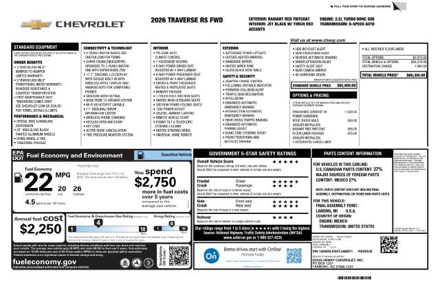 New 2026 Chevrolet Traverse RS w/ LPO, Floor Liner Package FWD image 3