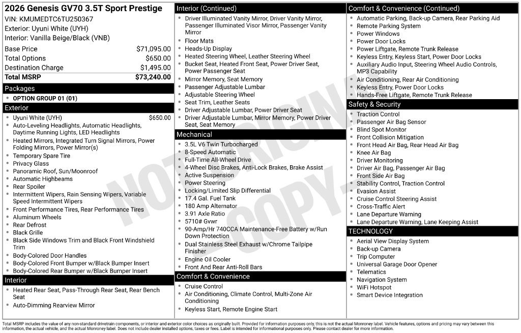 Certified 2026 Genesis GV70 3.5T Sport Prestige AWD/4WD image 16