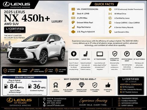 Certified 2025 Lexus NX 450h+ AWD w/ Accessory Package (2T) image 1