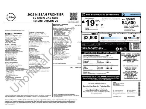 New 2026 Nissan Frontier SV w/ SV Convenience Package AWD/4WD image 2