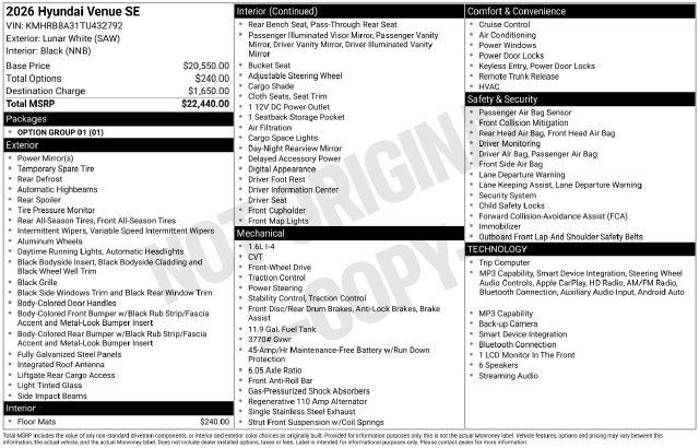 Used 2026 Hyundai Venue SE FWD image 21