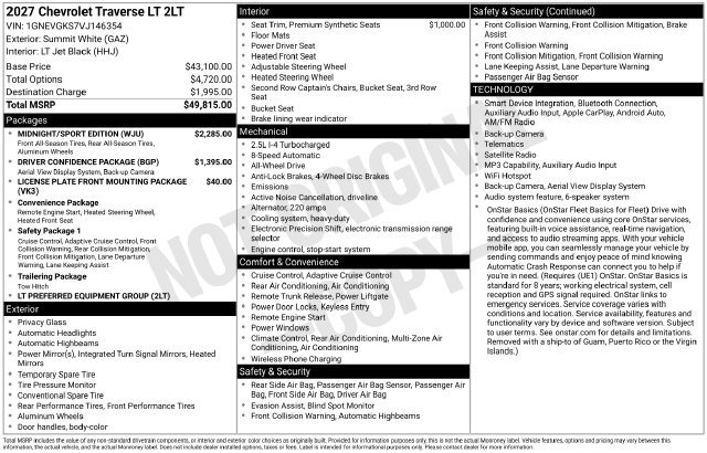 New 2027 Chevrolet Traverse LT w/ Midnight/Sport Edition AWD/4WD image 26
