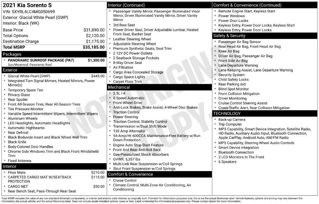 Used 2021 Kia Sorento S w/ Panoramic Sunroof Package FWD image 2